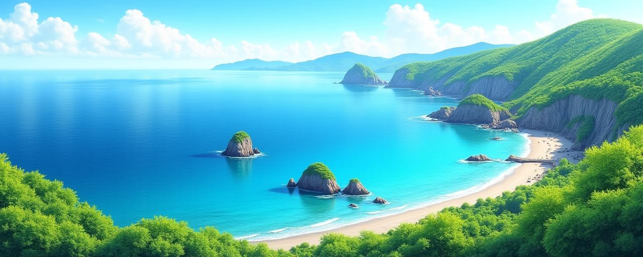 対馬の美しい海岸線と観光を示すアイコン