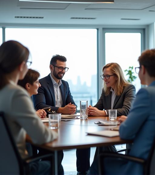 A collaborative meeting in a bright, professional conference room.